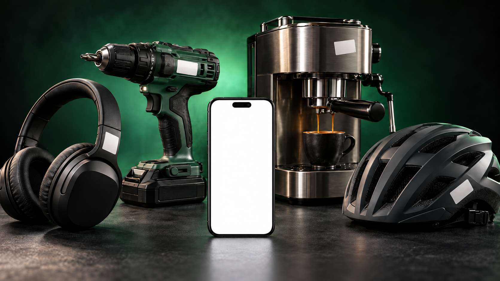 Headphones, a cordless drill, a coffee machine and a bicycle helmet, each with a small blank label, around a phone showing a genuine product result.